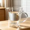 Taza de vidrio hueca de doble capa, taza anti-quemaduras de alto borosilicato con asa, taza cónica de hogar con tapa abierta para café, disponible en stock