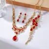 Conjunto de Tres Piezas de Collar, Aretes y Pulsera de Flor de Pedrería Dulce, Nuevo Modelo Transfronterizo de Moda, Cadena para Clavícula de Gota de Agua Full-Diamond Ultra Brillante
