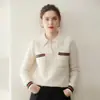 Outono e Inverno Estilo Preppy Listras Contrastantes Gola Polo Tricô Feminino Caxemira Solto Versátil Tricô Top Básico