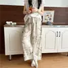 Calça de Pijama de Seda de Algodão para Mulheres, Estilo Fino para Primavera e Verão, Tamanho Grande, Caimento Solto, Calça de Perna Larga de Algodão Artificial, Pode Ser Usada Fora de Casa, Versátil, Cintura Alta, Leve