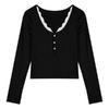 Dulce Spice Girl Camiseta de Manga Larga con Encaje para Mujer Otoño Estilo Coreano Estilo Deseo Puro Sexy Corta Interior Camiseta Base