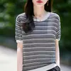 Camiseta de Manga Corta con Rayas Finas, Cuello Redondo, 100% Algodón, Transpirable, Cómoda, Estilo Básico, Primavera Verano, Para Mujer, Uso Diario Casual, Capa Base