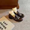 Outono/Inverno Novo Salto Bloco de 5cm~ Tira com Fivela Queimada Retrô Slip-on Mocassins Estilo Britânico Sapatos Pequenos de Couro