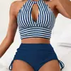 Nuevo Traje de Baño de Dos Piezas Multicolor Transfronterizo Europeo y Americano, Traje de Baño Hueco de Gama Alta, Conjunto de Bikini Rayado de Amazon