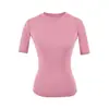 Top de Estilo Europeo y Americano, Ajustado, Cuello Redondo Pequeño, Manga de Tres Cuartos, Verano, Canalé, Corte Delgado, Favorecedor para la Figura, Ceñido a la Cintura, Camiseta de Manga Corta de Color Sólido