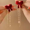 Pendientes largos con borla de lazo flocado color vino tinto, sensación de lujo alto, pendientes largos, pendientes para vestido de novia, color de la imagen