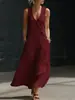Vestido Longo de Algodão e Linho com Botões, Gola V, Estilo Preguiçoso, Estilo Europeu e Americano, Atravessando Fronteiras, TikTok, Primavera e Verão, Sem Mangas