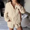 Conjunto de pijama de duas peças rosa de veludo tricotado, com shorts de manga comprida, solto e confortável, 2026, novo para casa, outono europeu e americano