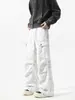 Jeans de tie-dye plisados de moda para hombre, pantalones cargo blancos holgados de pierna ancha con múltiples bolsillos, pantalones de pierna recta ligeramente acampanados