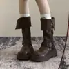 Otoño 2025 Nuevo Estilo de Moda Popular Botas de Caballero con Solapa de Suela Gruesa Versátiles para Aumentar Altura y Adelgazar Botas Altas Hasta la Rodilla para Mujer