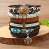 Conjunto de Pulseiras Multicamadas de 6 Peças Estilo Novo Transfronteiriço Pedra Olho de Tigre Liga Metálica Árvore da Vida Couro PU Contas de Madeira com Pedra Bodhi Cristal Turquesa