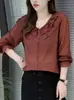 Nuevo top versátil de otoño de color liso, ajuste ceñido, manga larga, con cuello redondo de encaje, blusa elegante y moderna con cordón