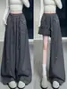 Pantalones de trabajo retro estilo coreano de pierna ancha con bolsillos grandes, de cintura alta, corte holgado, adelgazantes, casuales y relajados, con cordón y bajo abombado, perfectos para otoño