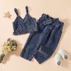 Conjunto de Verano para Niñas Estilo Hong Kong Top de Mezclilla con Cuello Diagonal Pantalones Largos de Cintura Alta Conjunto de Dos Piezas Conjunto de Fuente Directa