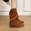 2026 Botines Nuevos Retro con Flecos Botas Hebilla de Cinturón Western Vaquero Adelgazantes Media Pantorrilla Punta Puntiaguda Jinete