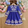 Vestido Elegante Estilo Palacio para Niñas, Vestido Floral con Ribete Azul Real, Estilo Vestido de Fiesta de Cumpleaños para Niños