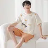 Pijama de Pareja Verano Hombres Algodón Puro Rayas Manga Corta Pantalones Cortos Agradable a la Piel Casual Talla Grande Hombres Delgado Conjunto de Ropa para el Hogar