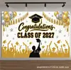 Fondo para fiesta de graduación transfronteriza 2027, fondo fotográfico blanco y dorado "Felicitaciones por la Graduación", fondo para ceremonia de graduación con birrete