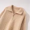 Suéter Elegante de Cashmere Azul 2025 Novo Outono e Inverno Padrão Torcido Slim Casual Solto Espessado Gola Lapela Meio Zíper