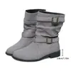 Botas de media caña plisadas retro nuevas transfronterizas para mujer, doble hebilla de cuero, botas de jinete, estilo británico, adelgazantes, talla grande, zapatos de mujer de comercio exterior