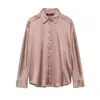 Moda Nova Primavera 2026 Simples Estilo Europeu e Americano Casual Textura de Cetim de Seda Ombro Caído Camisa de Manga Longa Solta Lapela
