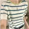 2026 Transfronterizo Súper Elegante Nueva Versión Coreana Moda Reductor de Edad Bloque de Color Rayas Manga Corta Verano Nuevo Top de Punto