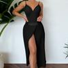 Vestido de tricô transpassado com alça fina para mulheres, sexy, com recortes vazados nas laterais, franjas, vestido de praia