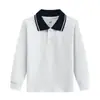 Camisa polo masculina de manga comprida, camiseta infantil de algodão, uniforme escolar, lapela para meninas, roupas de jardim, camisa de fundo branca, entrega de uma peça