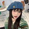 Boinas estilo japonês all-match denim cabeça grande femininas primavera e outono novo estilo coreano rosto redondo retro cyber celebridade octogonal pintor chapéu