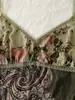 Camisola de malla estilo retro bohemio americano con bloques de color, estampado de leopardo, encaje floral y escote en V