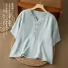 Blusa bordada de algodão e linho étnico, decote V, nova camisa 2026, blusa de verão artística estilo chinês, solta, com botões, vintage