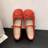 Zapatos Mary Jane planos de punta redonda francesa, boca baja, lazo, hebilla de una línea, rojo suave, brisa vespertina, zapatos planos, zapatos de ballet para mujer