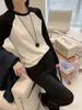Diseño de Bloques de Color, Camiseta de Manga Larga Redonda de Terciopelo Cepillado Alemán para Mujer, Top Grueso Cálido de Capa Base para Otoño e Invierno