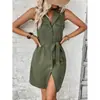 Vestido chemise feminino de verão retrô europeu e americano, gola V elegante, sem mangas, com amarração frontal