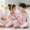 Ropa de Dormir de Seda Artificial Imitación para Niños y Niñas, Comercio Exterior, Primavera y Otoño, Pantalones Cortos de Manga Corta, Cárdigan de Color Sólido, Cuello Solapa, Satín, Ropa para el Hogar