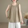 Foto Real do Novo Top Sem Manga Plissado Estiloso Feminino de Linho Texturizado Solto de Verão 2026