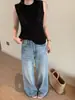 Jeans de Pierna Ancha Sueltos para Mujer, Estilo Nuevo de Verano 26, Tiro Bajo, Lavado Retro Láser, Efecto Bigote Radial Tridimensional
