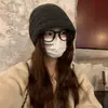 Gorro Grueso Estilo Japonés Gris para Mujer, Moda Callejera de Invierno, Gorro de Punto Estilo Perezoso, Adelgazante, Gorro a Prueba de Frío