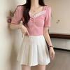 Camiseta de Verano con Costuras en la Clavícula Estilo Chic Coreano Estilo Occidental Estilo Dulce Cuello en V con Perlas Ajustada Manga Corta para Mujer
