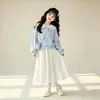Conjunto divertido de sudadera y falda, estilo primavera/otoño, look preppy, top con cuello azul marino, falda dulce con lazo, conjunto de dos piezas