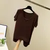 Camiseta base de modal color caramelo estilo coreano, cuello redondo, manga corta, cuello en U grande, camiseta básica holgada para mujer, primavera y verano
