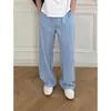 Pantalones Casuales de Pierna Recta Ancha Largos para Hombre, Cintura Elástica, Rayas Verticales, Estilo A-Line, Estilo Delgado de Verano, Estilo Vacacional Perezoso, Caída Suave