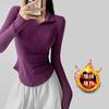 Camiseta Justa com Lapela e Zíper de Manga Longa Elástica para Mulheres no Outono e Inverno Novo Estilo Camisa com Camada Interna de Lã Top Estilo Western para Usar por Cima