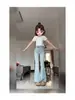 Jeans de Estilo Americano Teñidos de Barro Amarillo para Mujer, Temporada de Primavera, Tallas Grandes, Cintura Alta, Adelgazantes, de Nicho, Elásticos, Ligeramente Acampanados, Pantalones Bootcut
