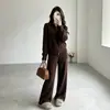 Conjunto de Punto de Dos Piezas para Mujer con Diseño de Textura Hueca de Nuevo Estilo Transfronterizo Europeo y Americano, Cárdigan con Solapa y Doble Cremallera, Pantalones de Pierna Ancha