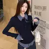 Camisa de Mujer Falsa Dos Piezas con Cuello Polo, Temporada de Primavera y Otoño, Diseño Moderno, Corte Ajustado, Camiseta de Manga Larga, Top Base