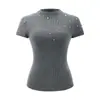 Top de punto estilo francés para mujer, con muchas perlas, cuello semi-alto y manga corta, perfecto para principios de otoño, con un diseño sofisticado y un aspecto único y hermoso