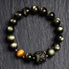 Pulseira Despertar do Leão de Obsidiana Olho Dourado para Homens, Pulseira de Obsidiana Prata Natural e Pedra Olho de Tigre, Presente de Luxo para Namorado