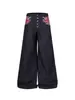 Jeans de Brim Cru com Estampa Union Jack American Street Jeans Largos Hip Hop Perna Larga Calças Longas Retas Multi-Botão com Contas