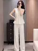 Conjunto de Renda Pesada Estilo Francês para Mulheres, Verão, Slim Fit, Elegante, Leve, Respirável, Top sem Mangas e Calça de Pernas Largas, Conjunto de Duas Peças Fashion